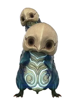 青緑色の体に白い発光する模様を持つ幻想的なクリーチャーが2匹描かれています