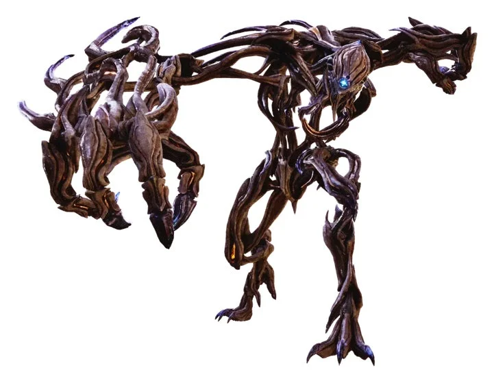 暗い色合いのねじれた有機物や枝のようなもので構成された、青く光る目を持つ異形のクリーチャーの画像
