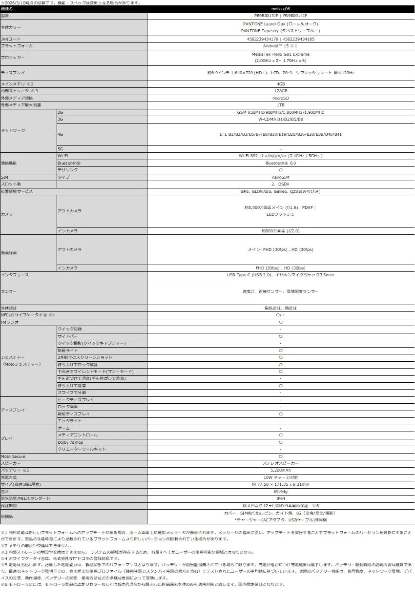 moto g06の製品仕様