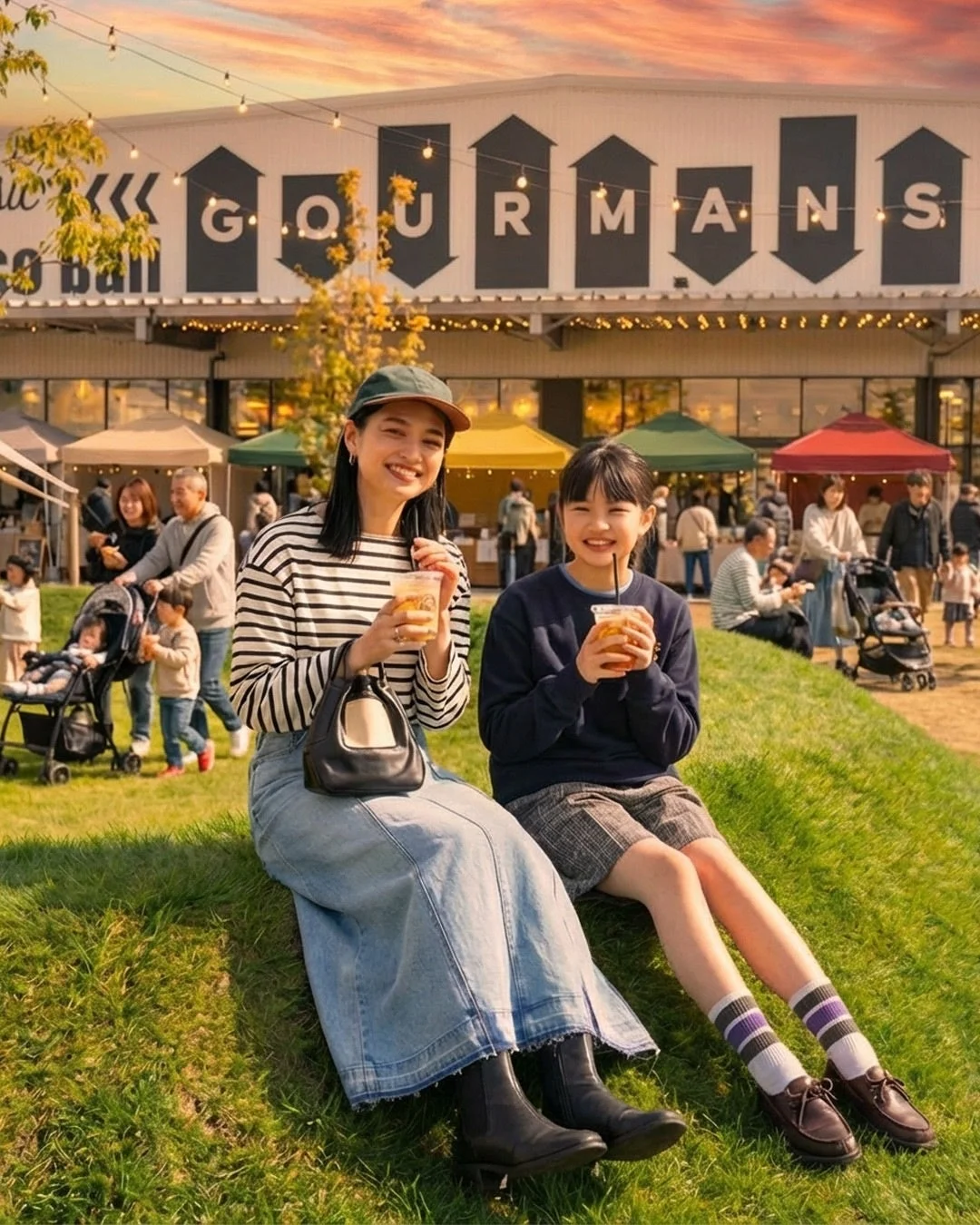 屋外でドリンクを楽しむ女性と女の子