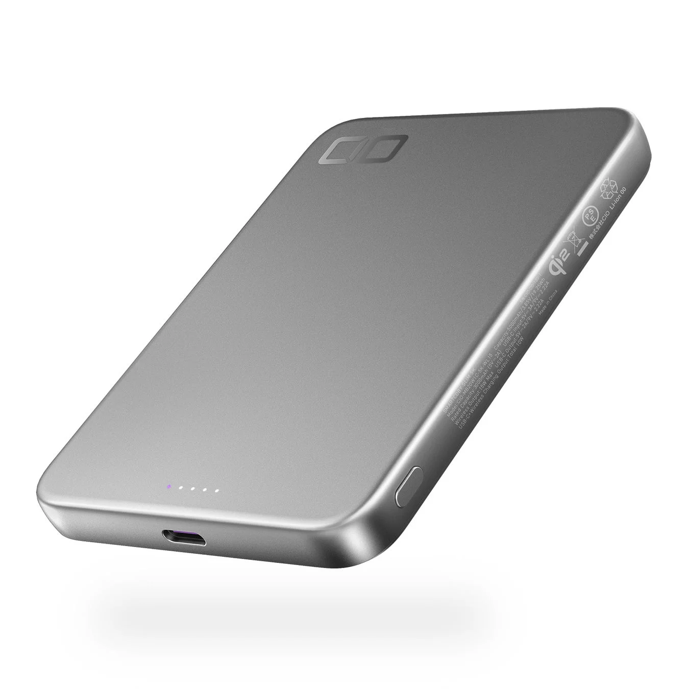 シルバーの薄型モバイルバッテリー