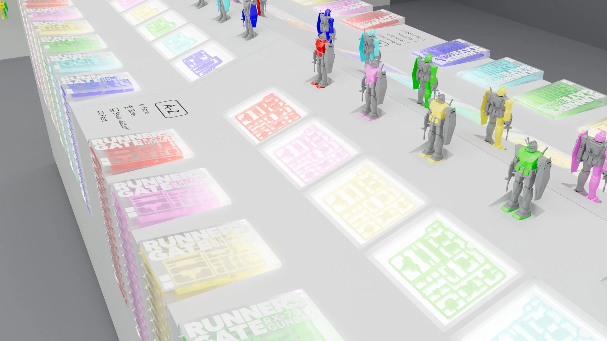 ガンダムのプラモデルの組み立て工程を表現した展示風景