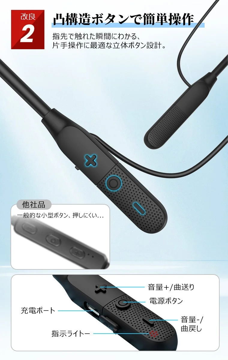 凸構造ボタンで簡単操作できるネックバンド型イヤホン