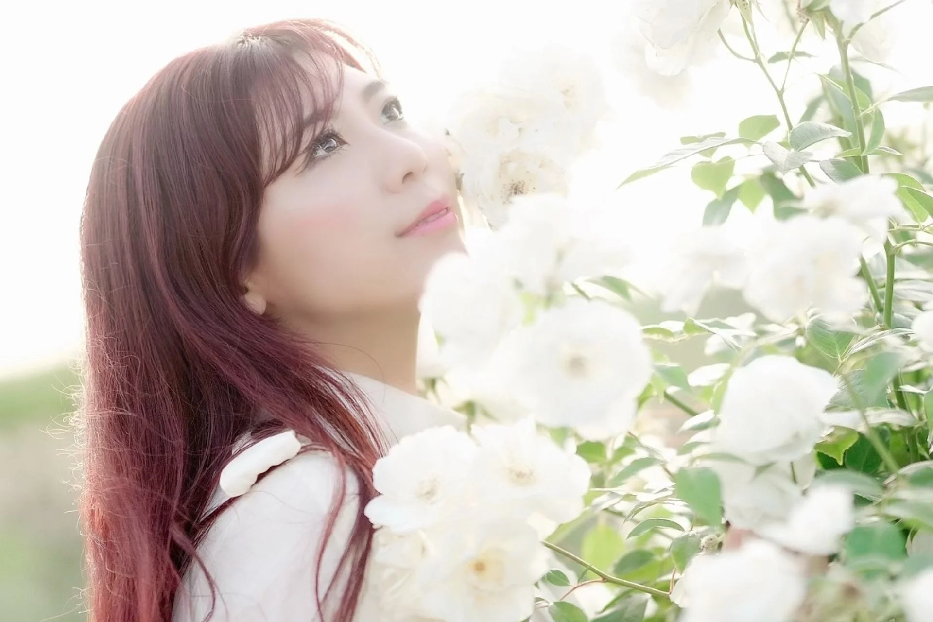 白い花に囲まれた女性のポートレート