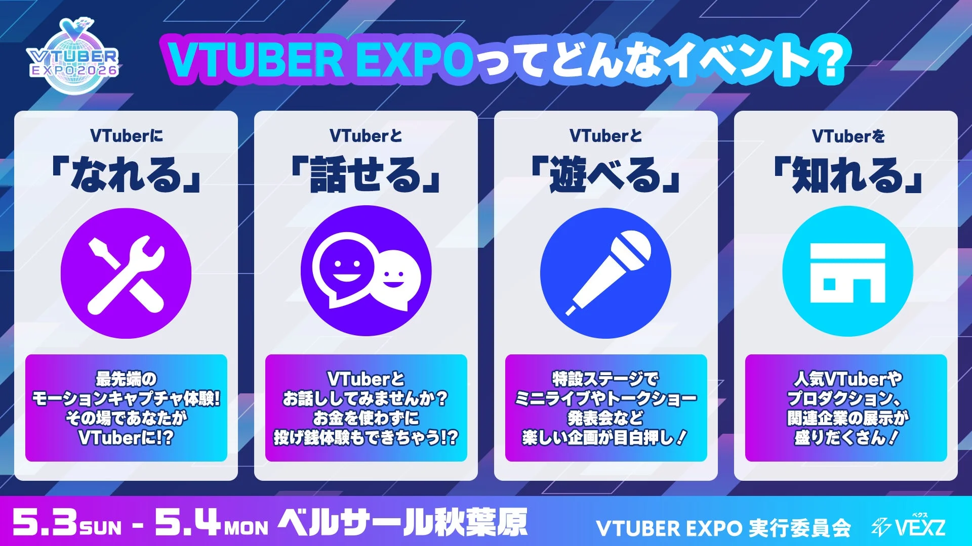 VTUBER EXPO2026 VTUBER EXPOってどんなイベント？ VTuberに「なれる」 最先端のモーションキャプチャ体験！その場であなたがVTuberに!? VTuberと「話せる」 VTuberと お話してみませんか？ お金を使わずに 投げ銭体験もできちゃう!? VTuberと「遊べる」 特設ステージで ミニライブやトークショー 発表会など 楽しい企画が目白押し！ VTuberを「知れる」 人気VTuberや プロダクション、 関連企業の展示が 盛りだくさん！ 5.3 SUN - 5.4 MON ベルサール秋葉原 VTUBER EXPO 実行委員会 VEXZ