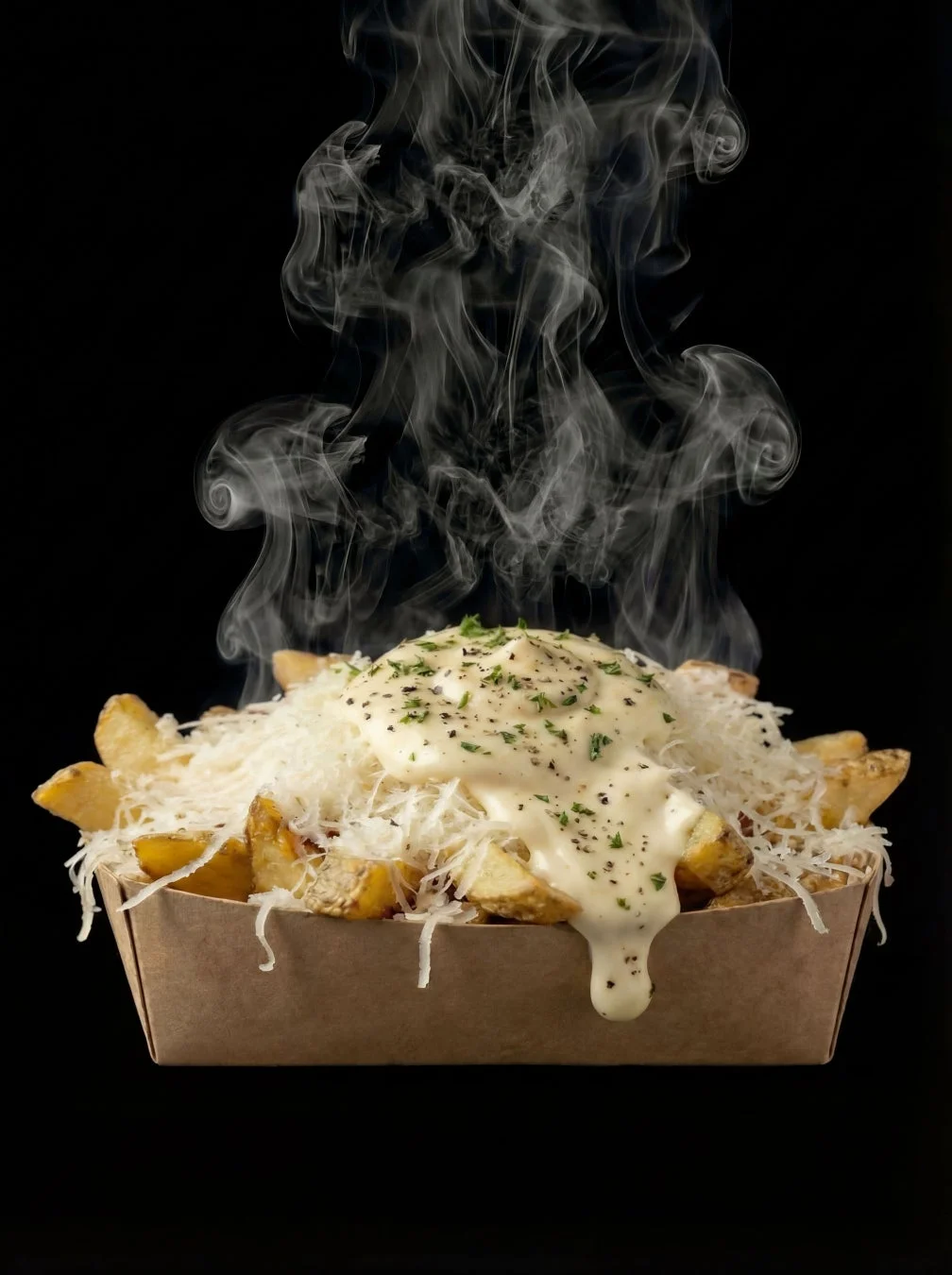 湯気が立ち上る温かいフライドポテトが紙製の容器に入っており、クリーミーなチーズソースとたっぷりのシュレッドチーズ、ハーブがトッピングされている