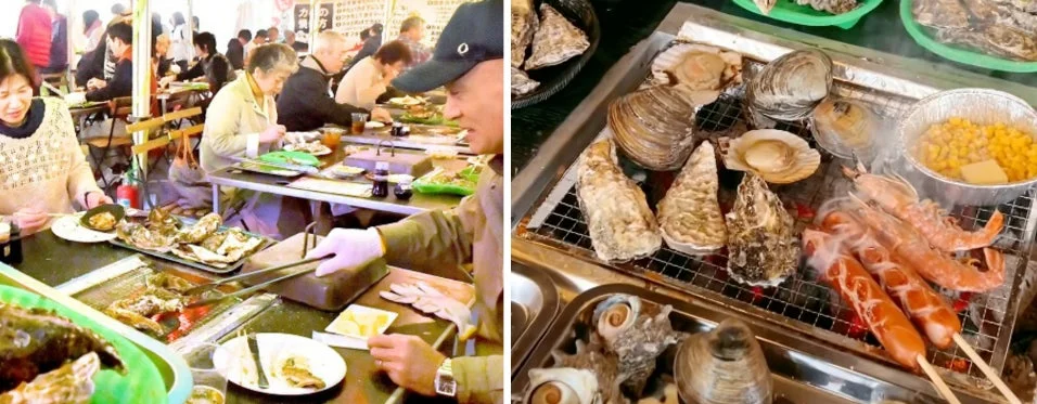 炭火焼きを楽しむ人々