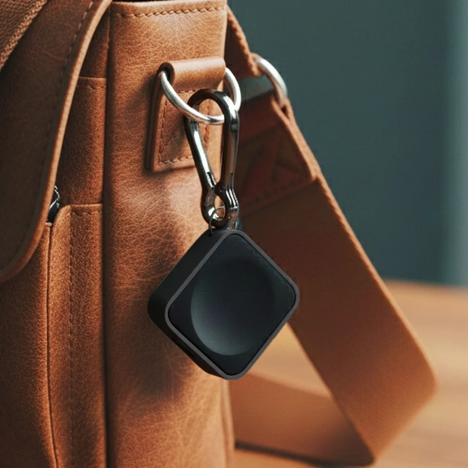 カラビナでバッグに付けられた充電器