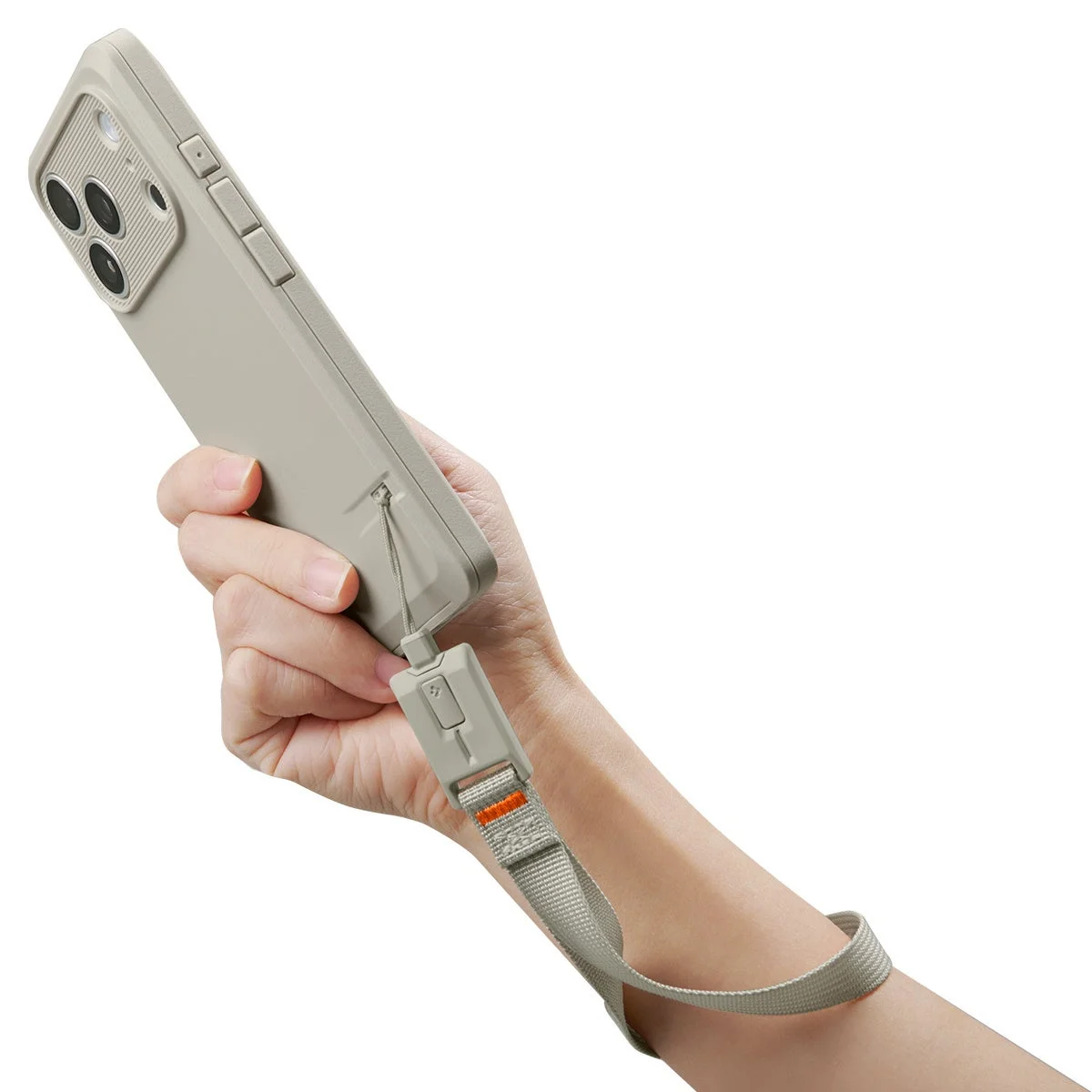 スマートフォン,スマホケース,ハンドストラップ,リストストラップ,落下防止,アクセサリー,ガジェット,手,ベージュ,グレー,白背景
