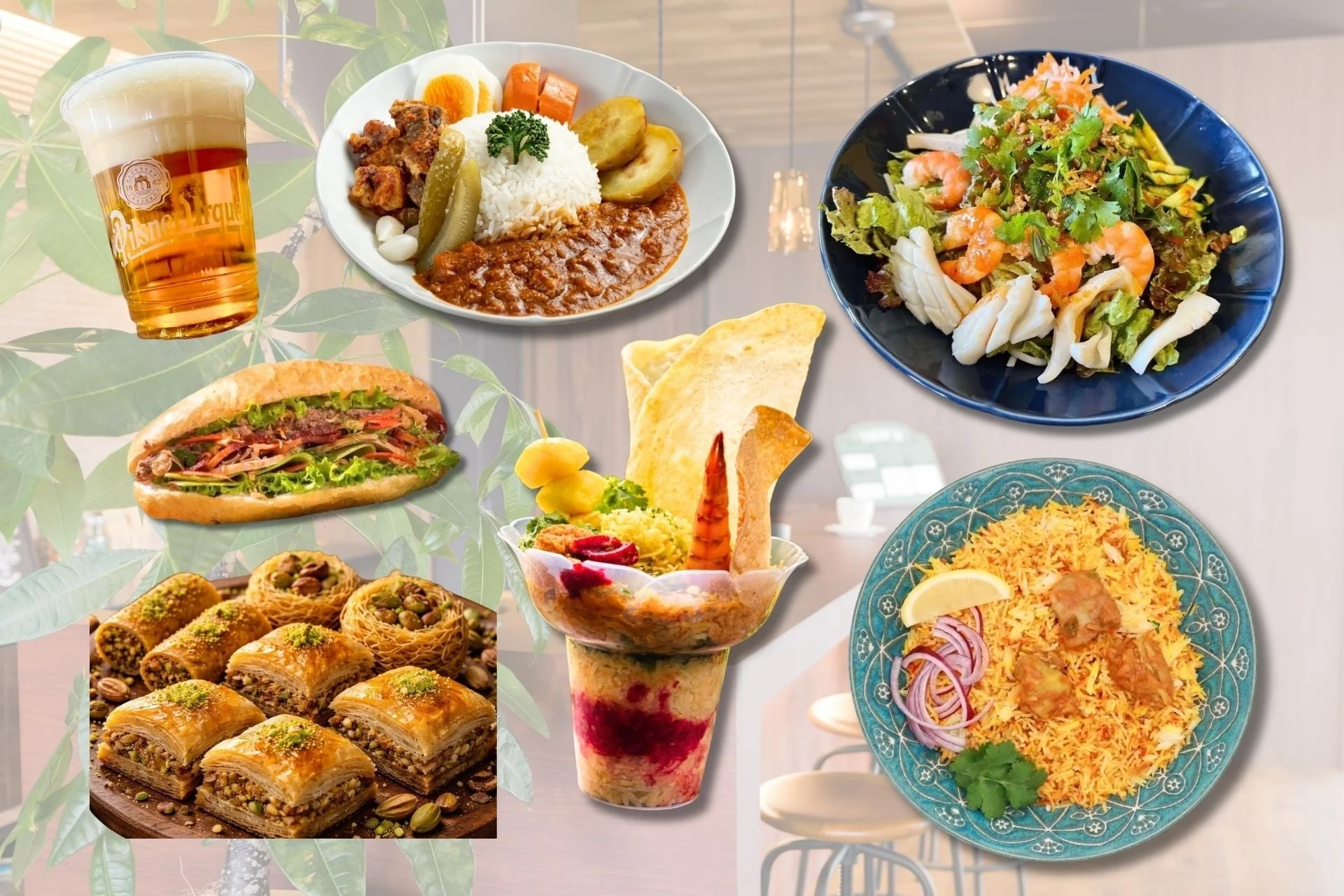 多国籍な料理と飲み物のコラージュ