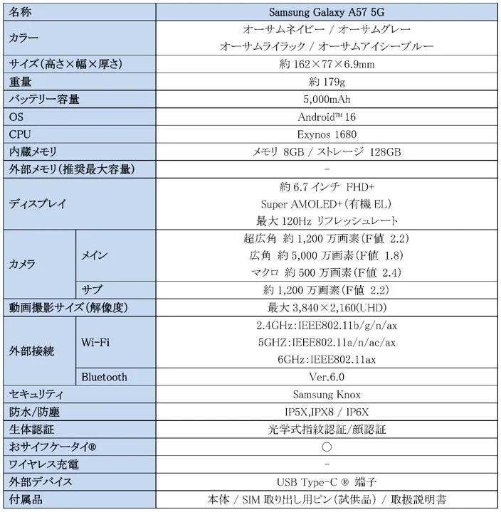 Galaxy A57 5G 主な仕様