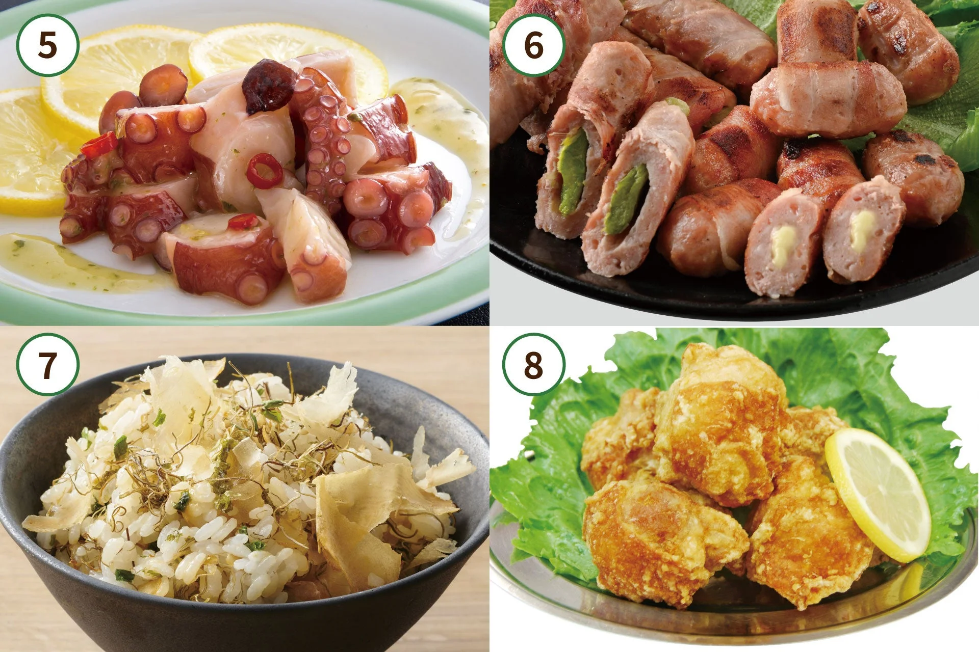 まるごとタコのペペロンチーノ、ベーコンチーズ、漁師の力めし、ざんぎ