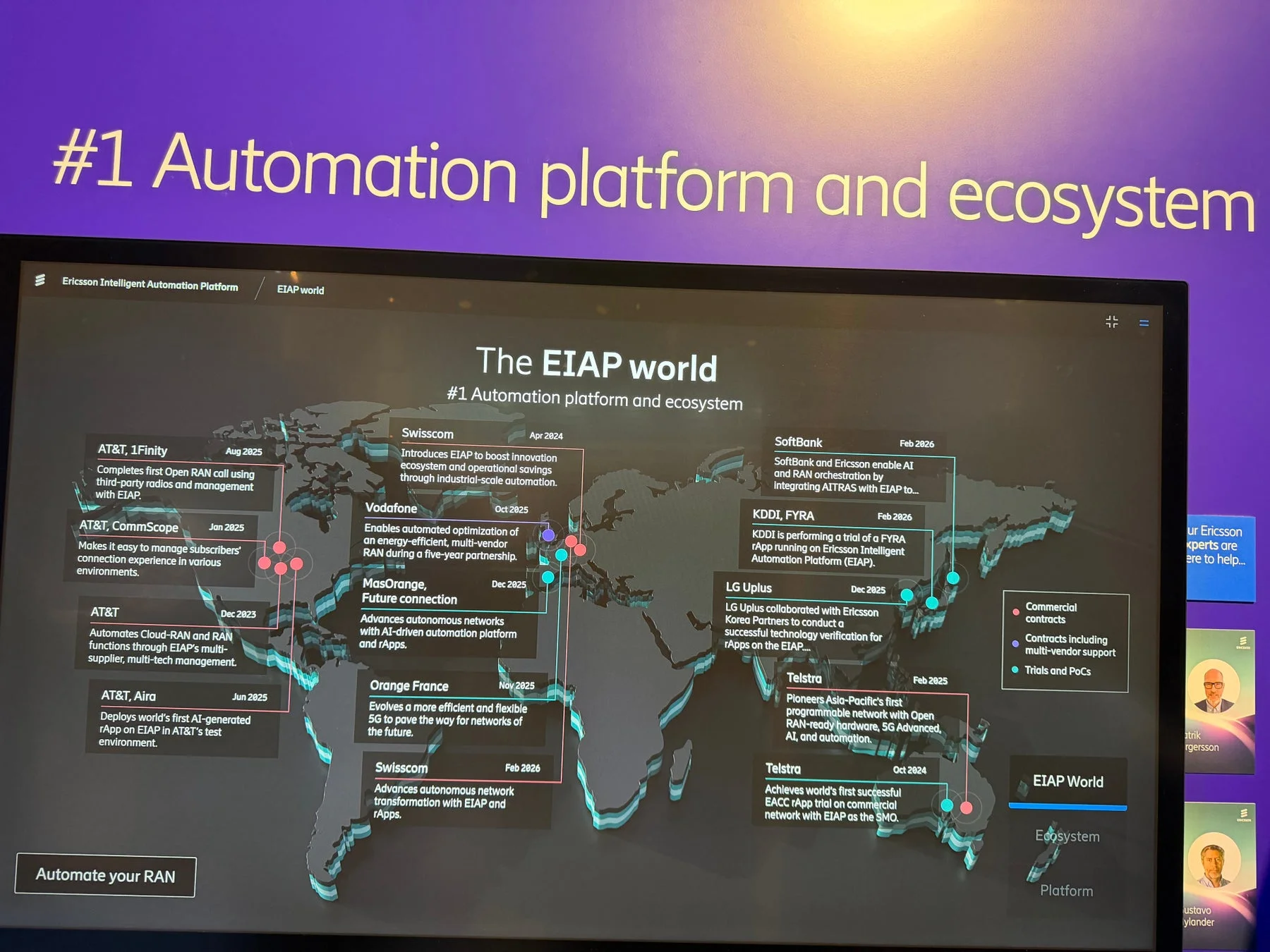 エリクソンのEIAPが世界中で展開され、AT&T、ソフトバンク、KDDIなどの通信事業者とのOpen RAN、5G、AIを活用した自動化プロジェクトやパートナーシップを示す地図