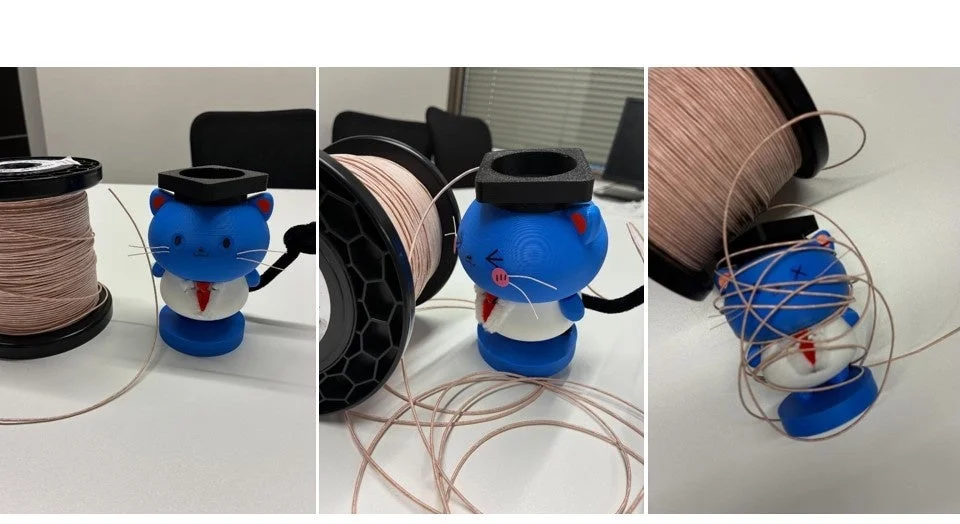 青い猫型のフィギュアがワイヤーに絡まっていく様子