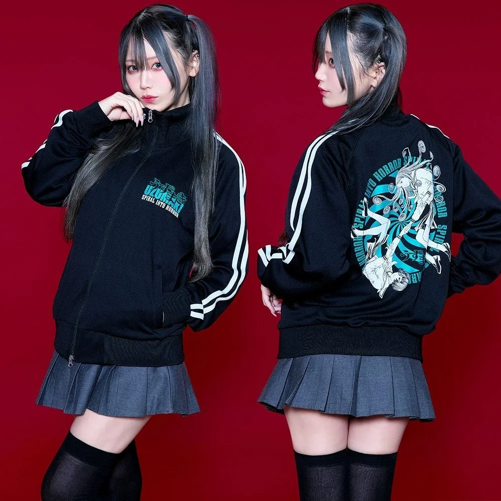 人物,女性,ファッション,アパレル,ジャケット,スカート,制服風,ツインテール,黒髪,赤背景,ホラー,うずまき,モデル,商品写真,グッズ