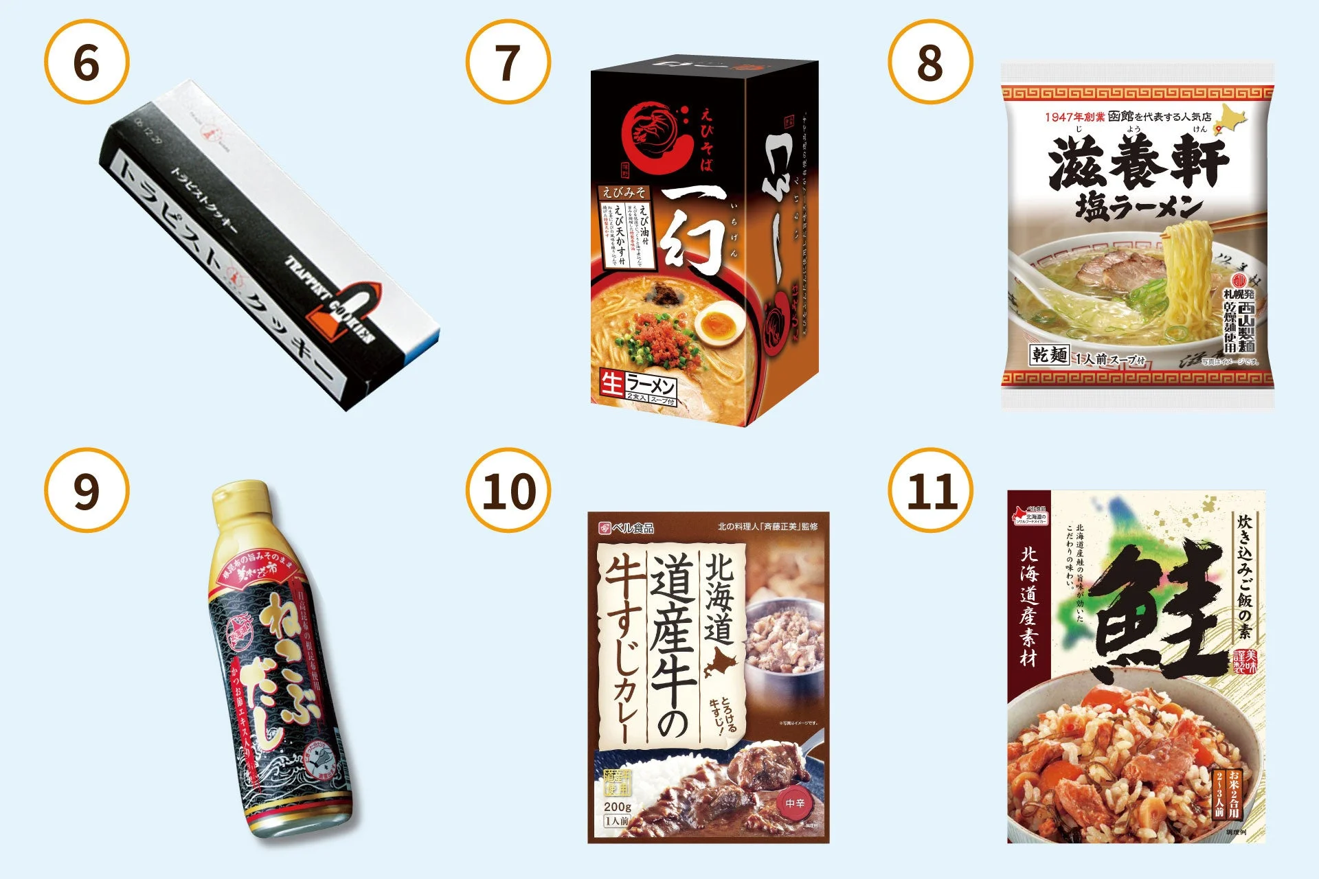 トラピストクッキー小箱、えびそば一幻 味噌ラーメン、滋養軒 塩ラーメン、ねこぶだし、道産牛の牛すじカレー、炊き込み御飯の素 鮭