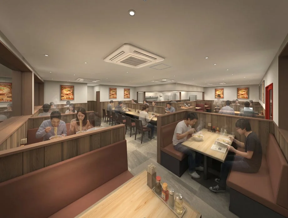 賑やかなラーメン店の店内