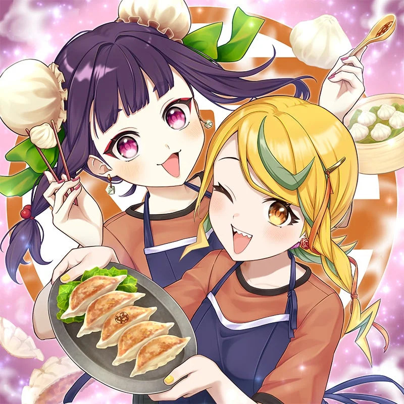 エプロンを着た2人のアニメの女の子が、焼き餃子や点心、肉まんなどの美味しい中華料理を持って楽しそうに笑っているイラスト