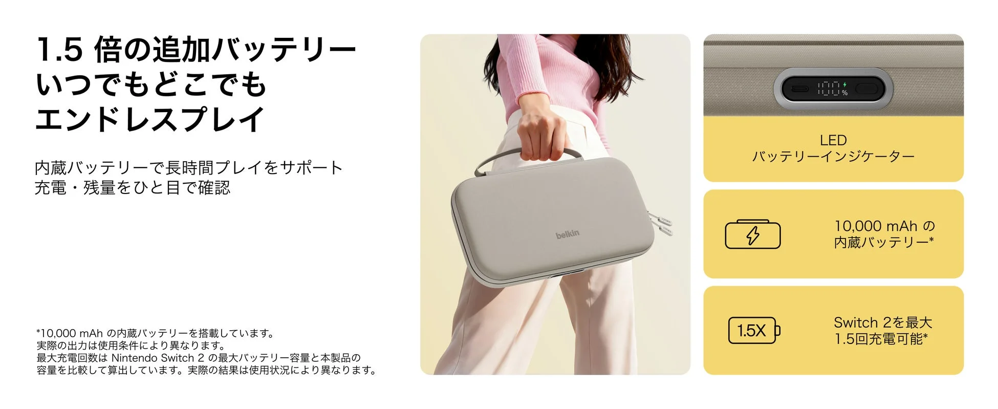 1.5倍の追加バッテリーで長時間プレイをサポート
