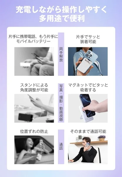充電しながら操作できる多機能モバイルバッテリーの広告。片手装着、スタンドでの角度調整、マグネット吸着、通話対応など、様々なシーンで活躍する便利さを紹介しています。