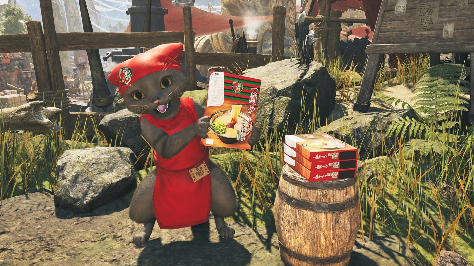 一蘭のラーメンを宣伝するアイルー