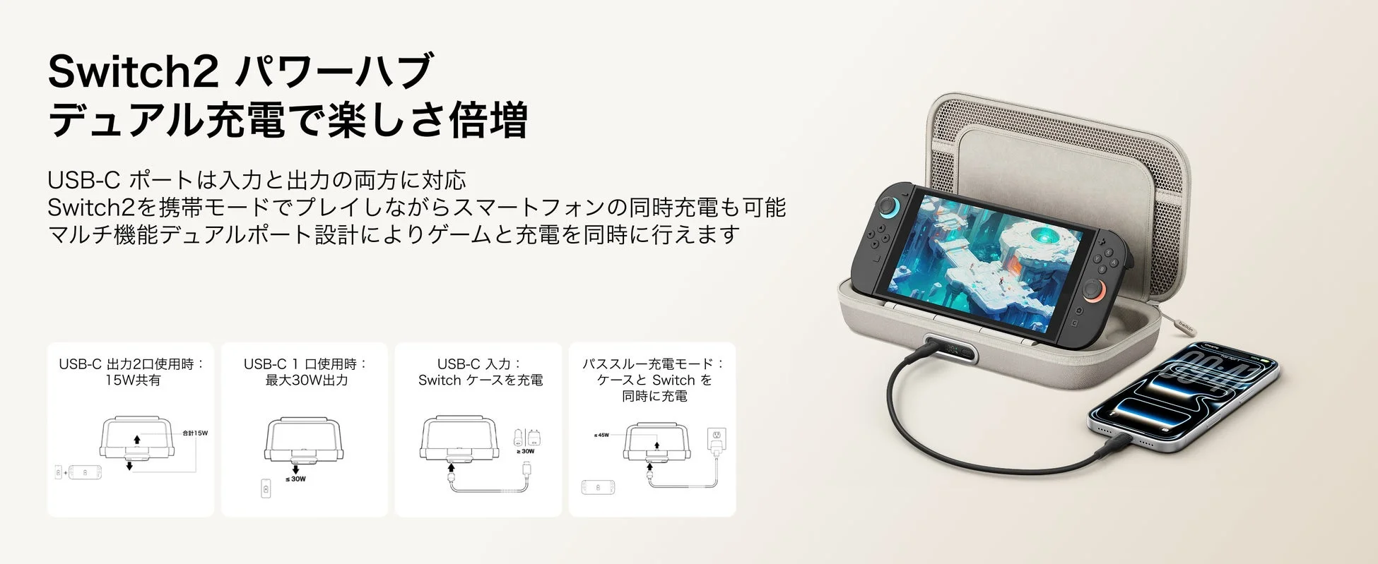 Switch 2とスマホを同時充電できるマルチパワーハブ機能