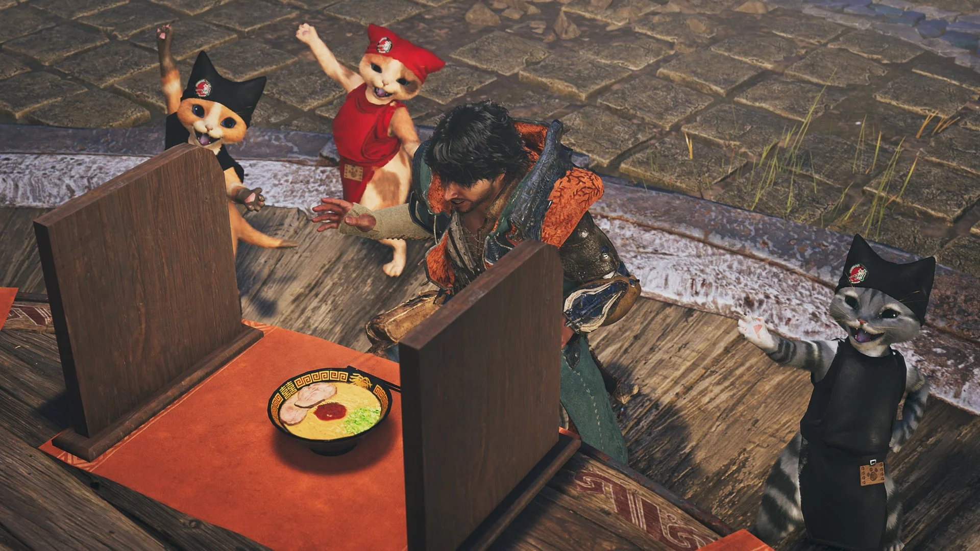 モンハンキャラクターがラーメンを食べる様子