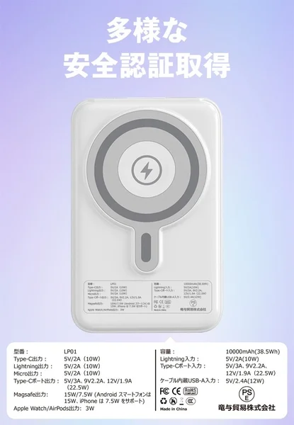 Magsafe対応のワイヤレス充電機能を備えた多機能モバイルバッテリーの製品情報画像です。10000mAhの大容量で、Type-C、Lightning、Micro、Magsafe、Apple Watch/AirPodsへの多様な出力に対応し、複数の安全認証を取得しています。