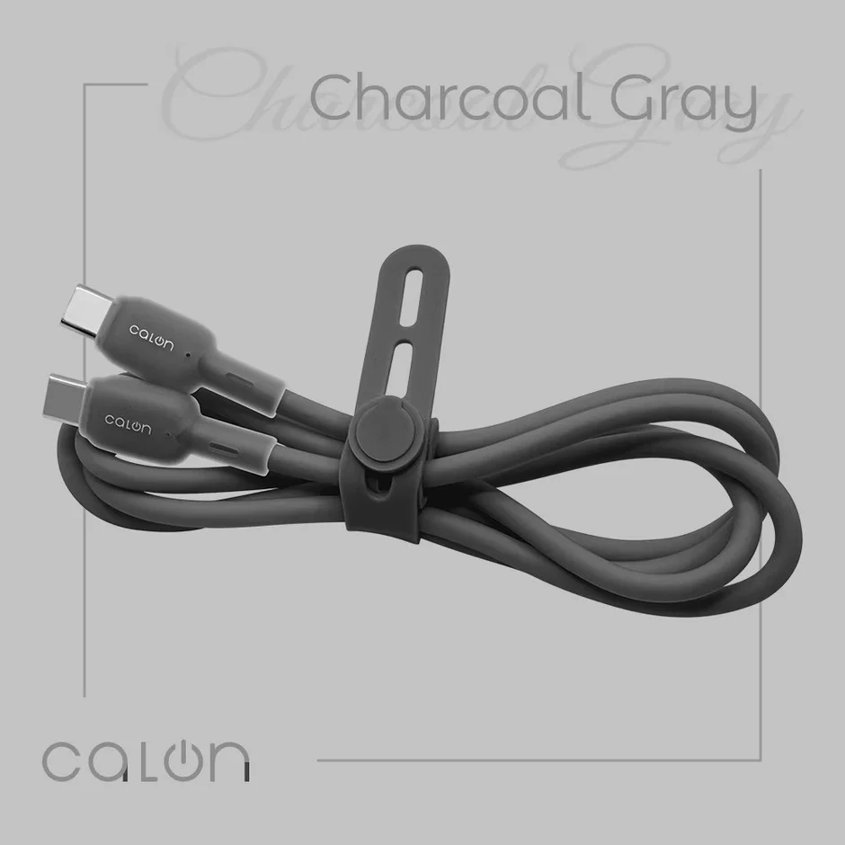 チャコールグレーのCalon製USB-Cケーブルが、結束バンドでコンパクトにまとめられています。シンプルで機能的なデザインが特徴です。