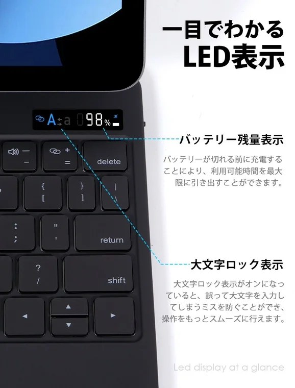 キーボード上部のLEDディスプレイがバッテリー残量と大文字ロックの状態を表示