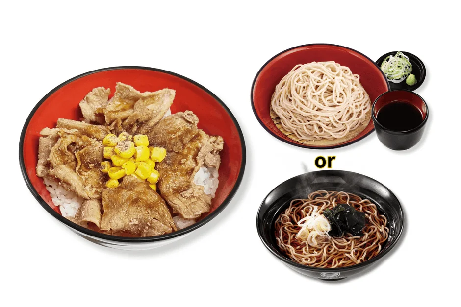 豚肉とコーンが乗ったご飯の丼と、冷たいざるそば、温かいかけそばの3種類の和食メニュー
