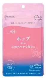 キューサイの機能性表示食品「ホップ」のパッケージ。44歳からの女性向けで、心晴れやかな毎日をサポートするサプリメントです。1日1粒目安の粒タイプで、ホップ20mgを配合しています。