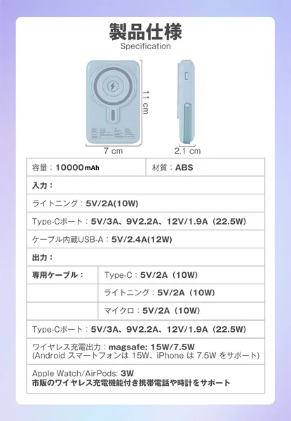 10000mAhのモバイルバッテリーの製品仕様です。ライトニング、Type-C、USB-Aでの有線充電、MagSafe対応のワイヤレス充電に対応。入出力電力やサイズなど詳細な情報が記載されています。