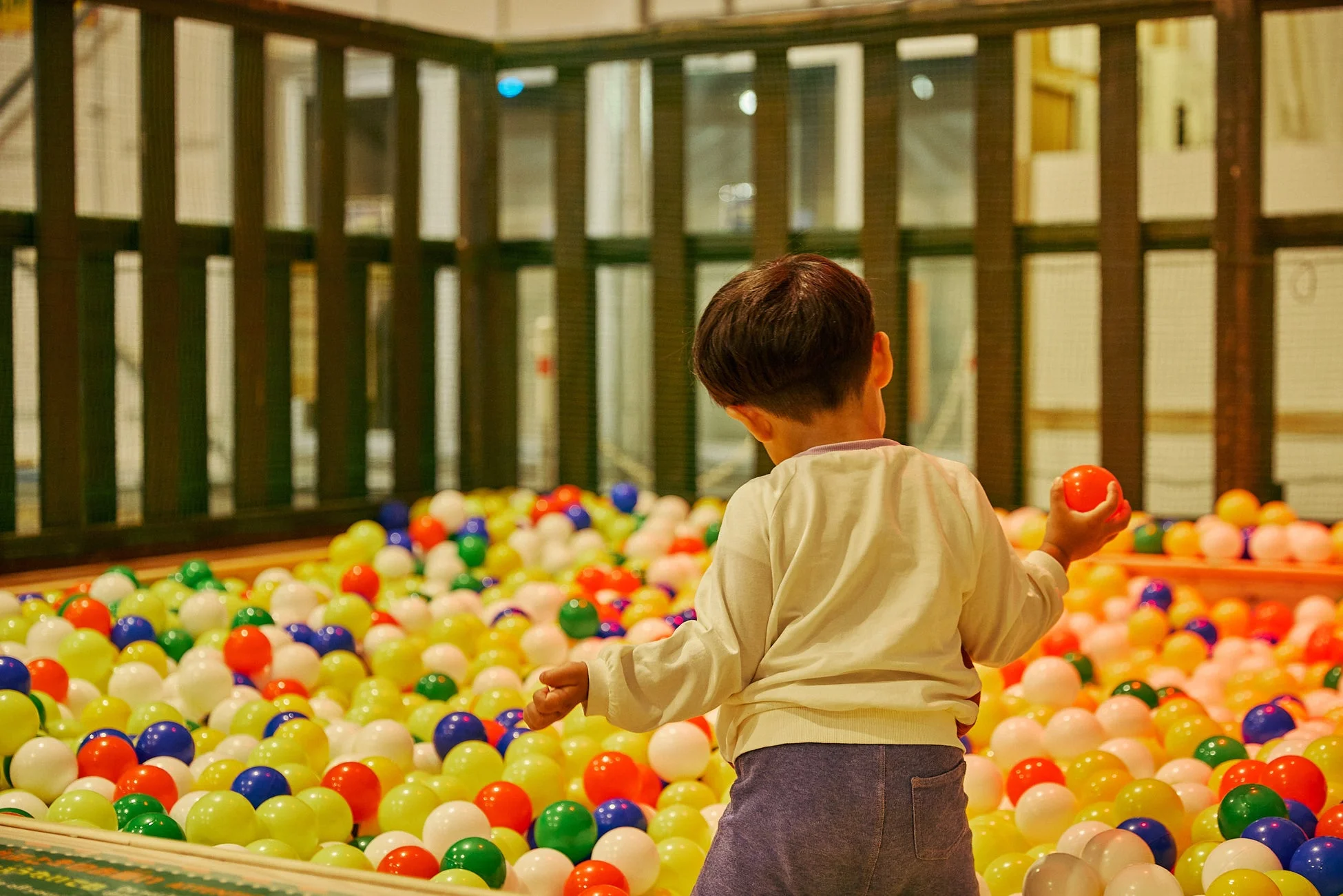 カラフルなボールでいっぱいのボールプールで遊ぶ子供の後ろ姿