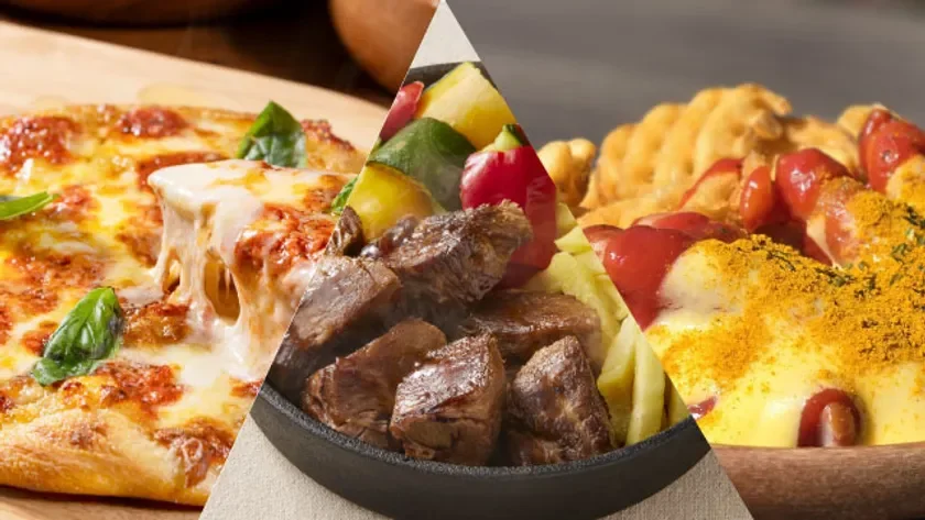 ピザ、肉と野菜の炒め物、ワッフルポテトにソーセージとカレー粉がかかった料理のコラージュ