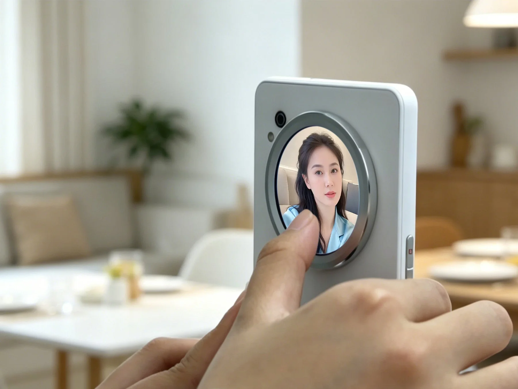 LCDサブ画面で自撮りをする女性