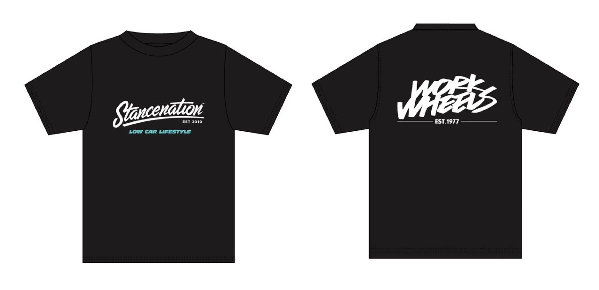 StancenationとWORK WHEELSのロゴがデザインされた黒いTシャツの表と裏のイメージ