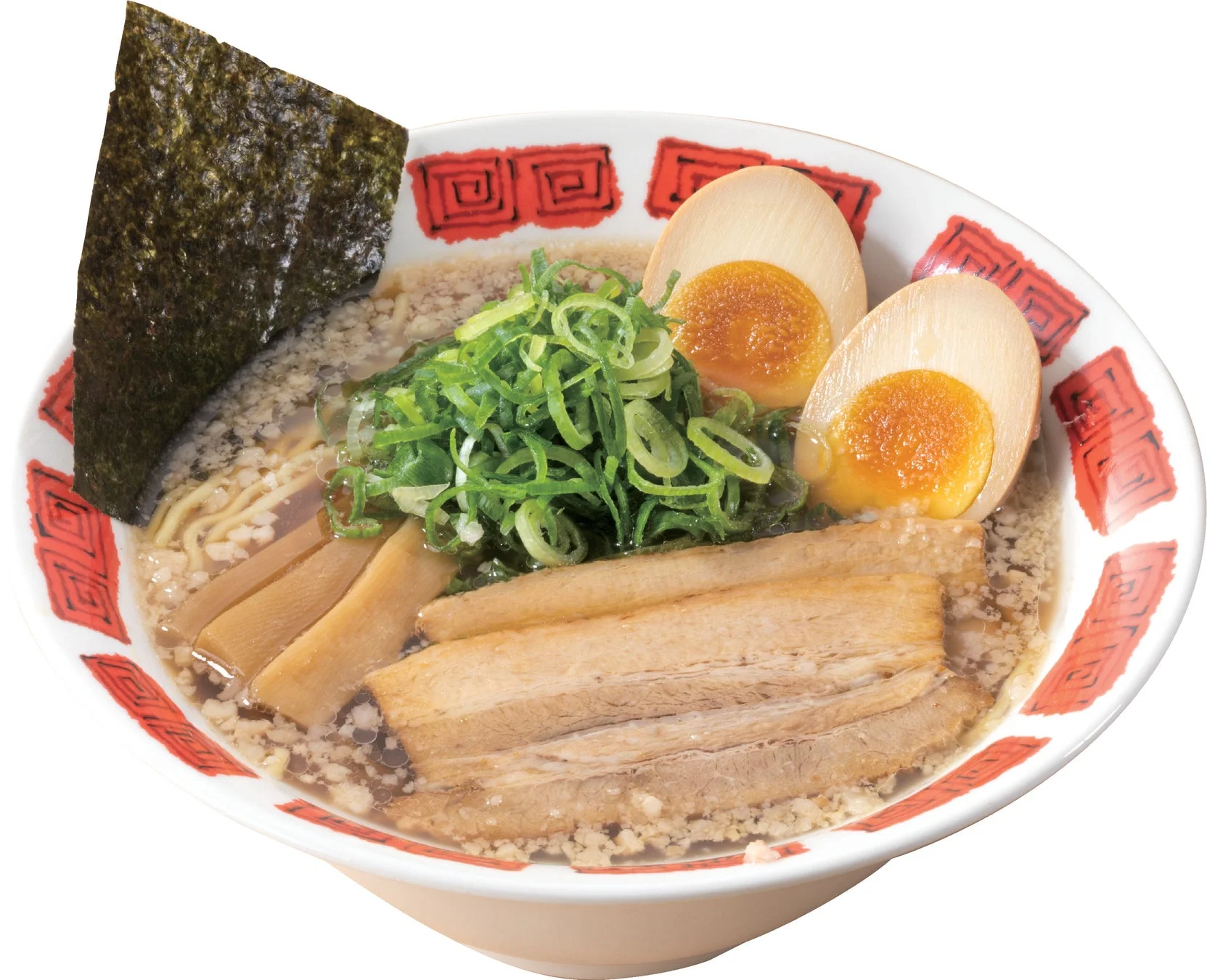 豚骨ベースのスープに、チャーシュー、味玉、ネギ、メンマ、海苔がトッピングされた具だくさんのラーメン