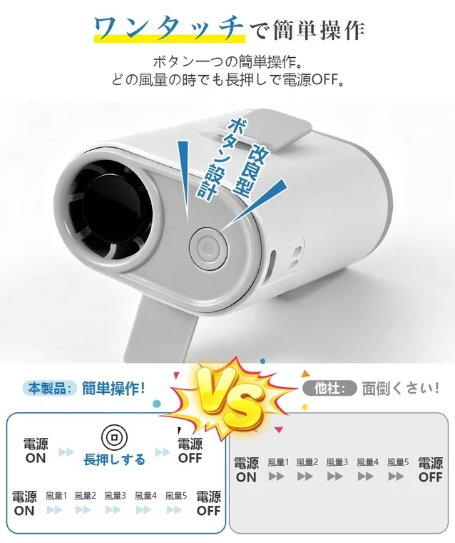 ワンタッチで簡単操作 ボタン一つの簡単操作。どの風量の時でも長押しで電源OFF。