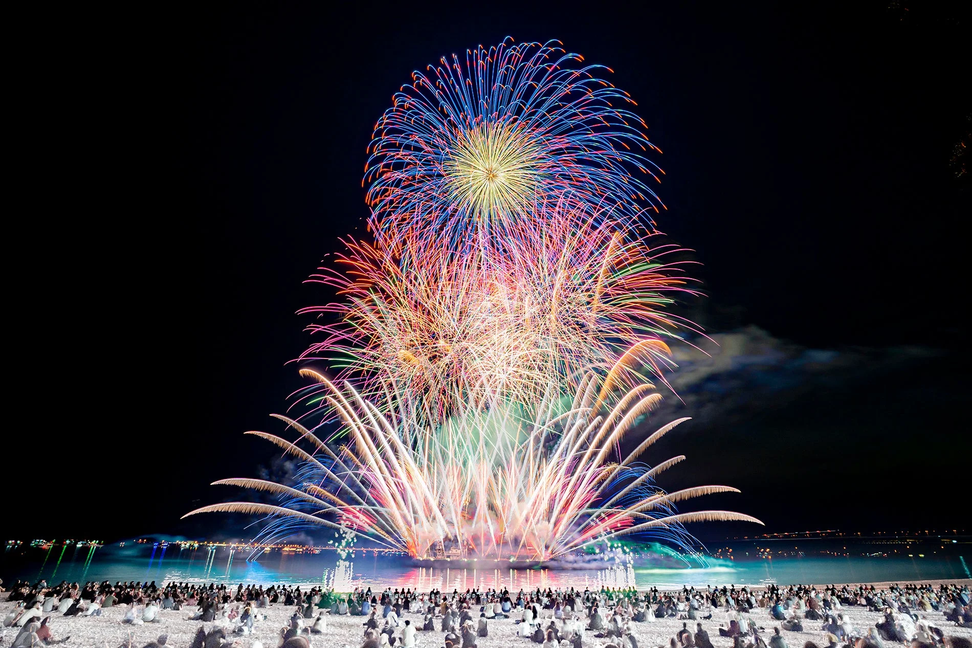 夜空に打ち上がる花火と観客