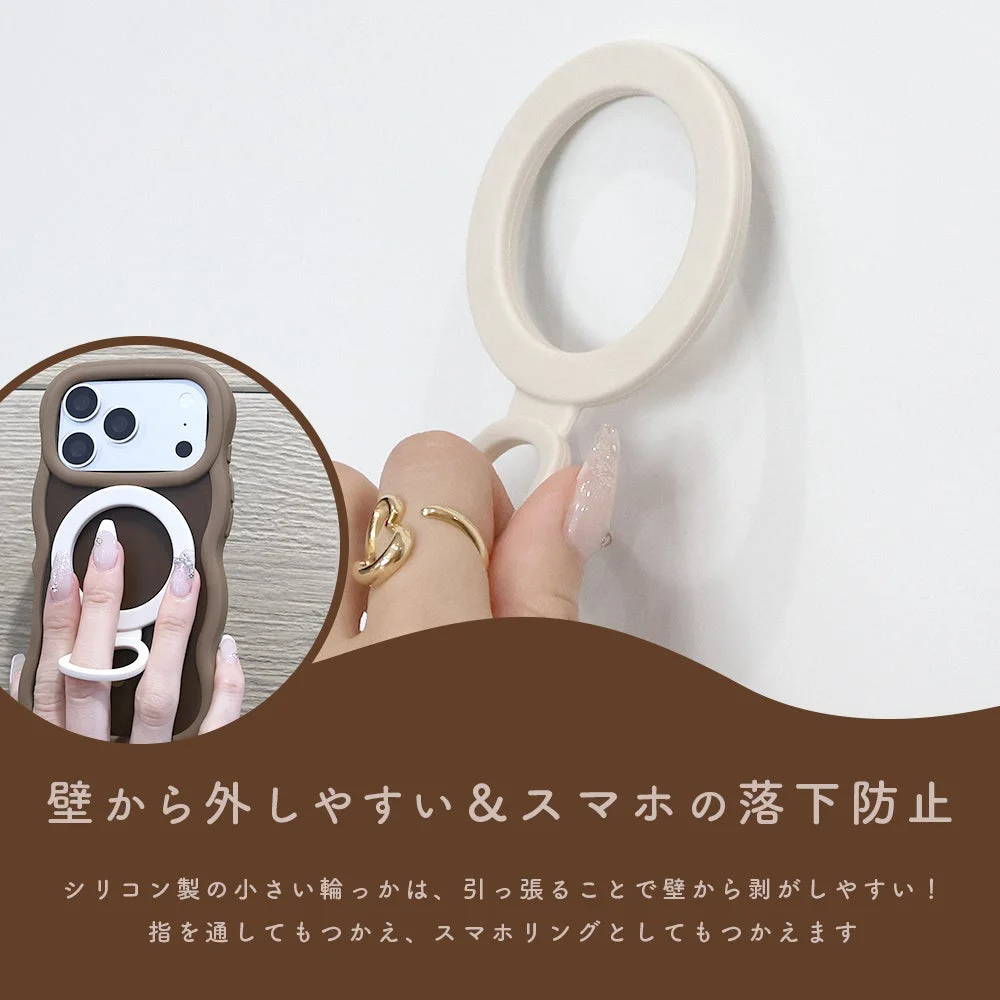 壁から外しやすい & スマホの落下防止 シリコン製の小さい輪っかは、引っ張ることで壁から剥がしやすい！ 指を通してもつかえ、スマホリングとしてもつかえます