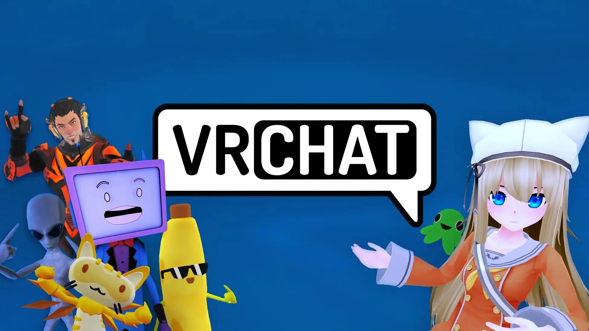 VRCHATのロゴと多様な3Dアバター