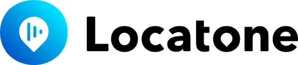 「Locatone」という文字と、位置情報を示すピンアイコンの中に音声波形がデザインされたロゴマーク。青と白を基調としたシンプルな企業ロゴです。