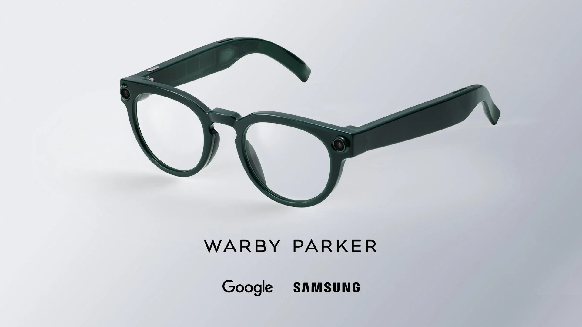 WARBY PARKERとGoogle、Samsungのロゴが入ったダークグリーンのスマートグラス