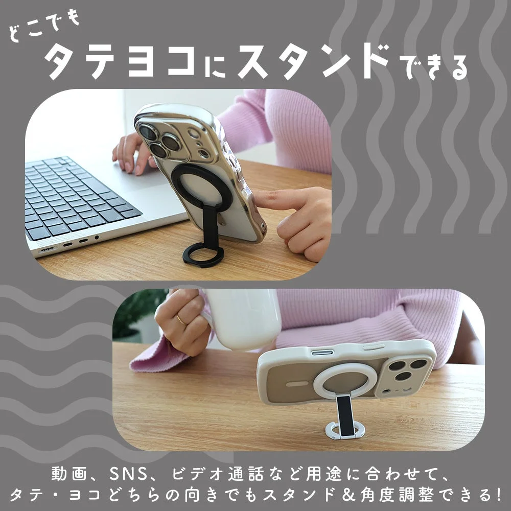 どこでもタテヨコにスタンドできる動画、SNS、ビデオ通話など用途に合わせて、タテ・ヨコどちらの向きでもスタンド＆角度調整できる！