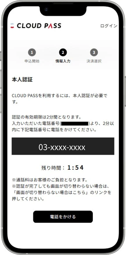 CLOUD PASSの本人認証画面（発信指示）