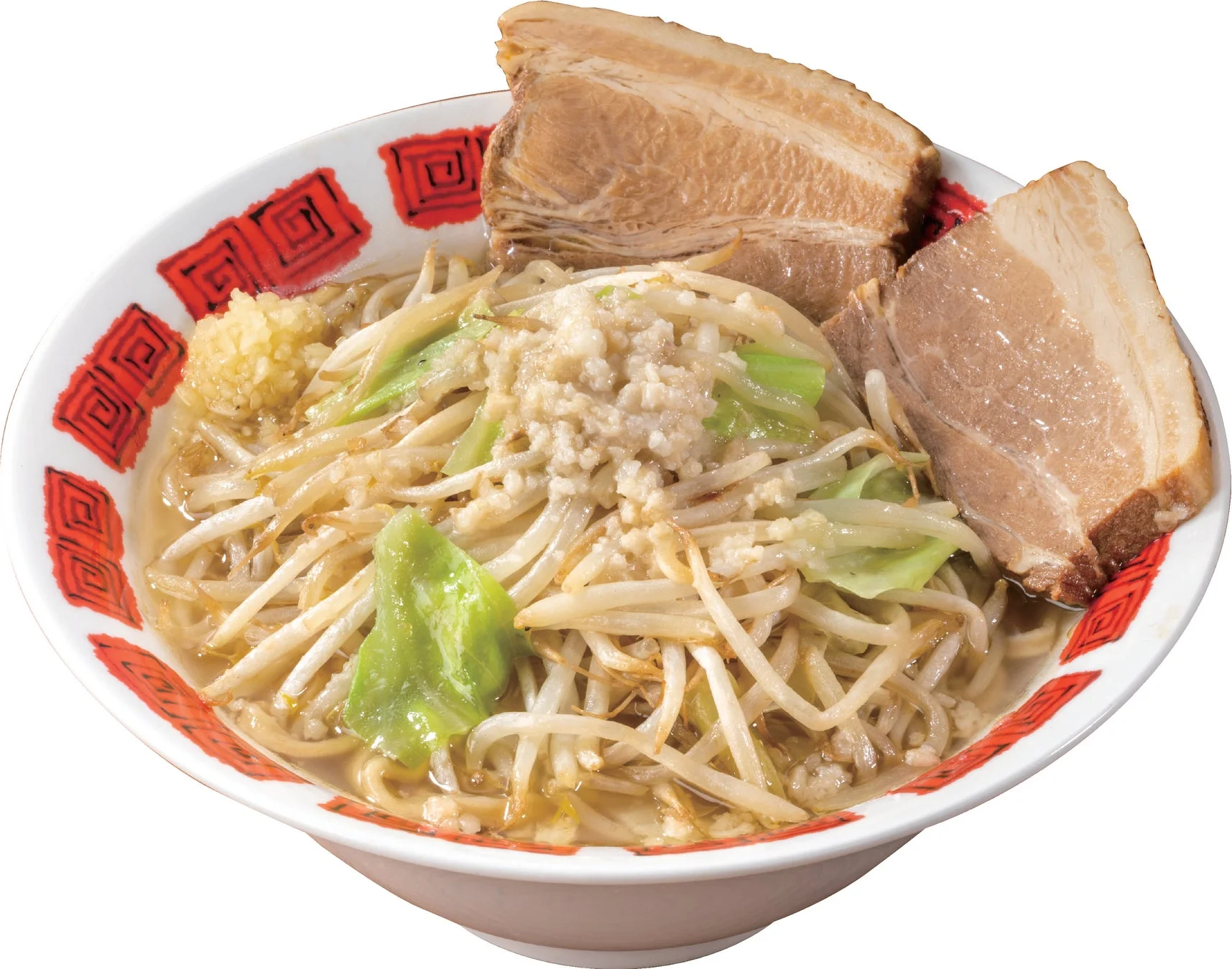 もやしとキャベツが山盛りのラーメン。分厚いチャーシューと刻みにんにくが食欲をそそる、ボリューム満点の一杯