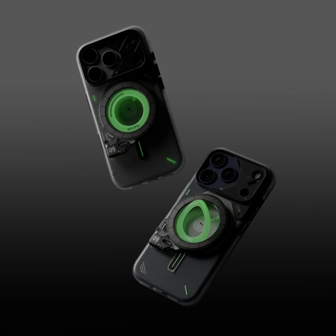 黒い背景に、緑色のアクセントが光る2つのiPhone用スマートフォンケース