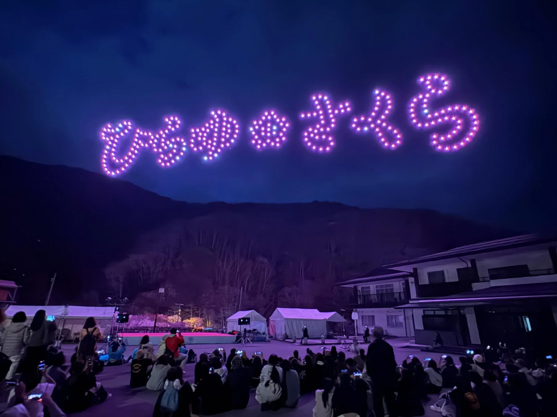 夜空に「ひゅうがさくら」の文字を描くドローンショー