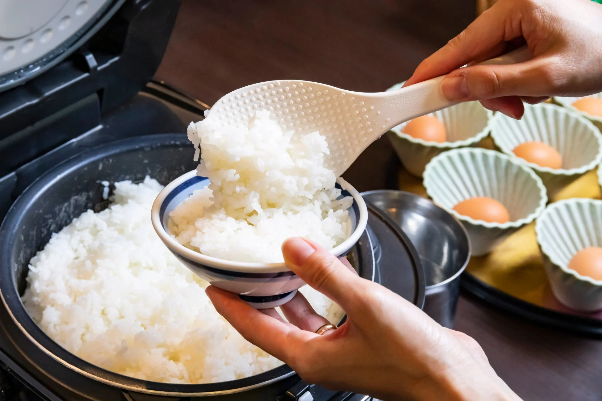 炊飯器から炊き立てのご飯をお茶碗によそっている様子